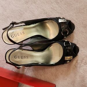 Ladies GUESS cloth, open toe heels.  Like New, worn Once!